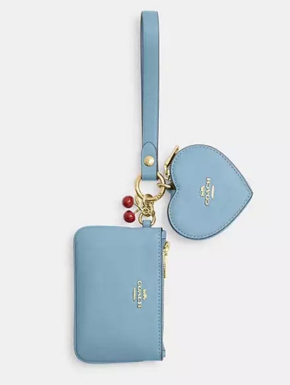 *NWT* COACH Light Blue Wristlet And Heart Pouch With Cherry Charm